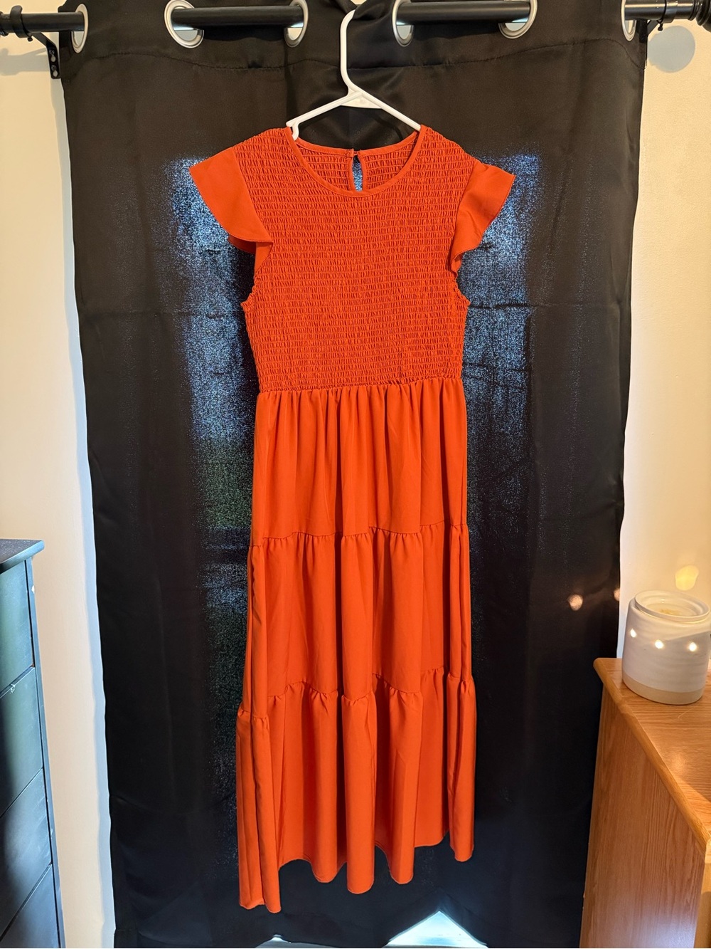 Women’s Orange Smocked Tiered Midi Dress